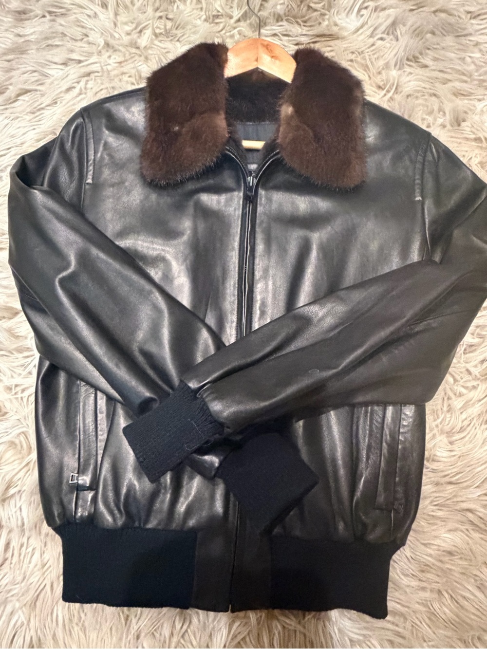 Andrew Marc Black Leather Bomber Jacket with Brown Fur Collar